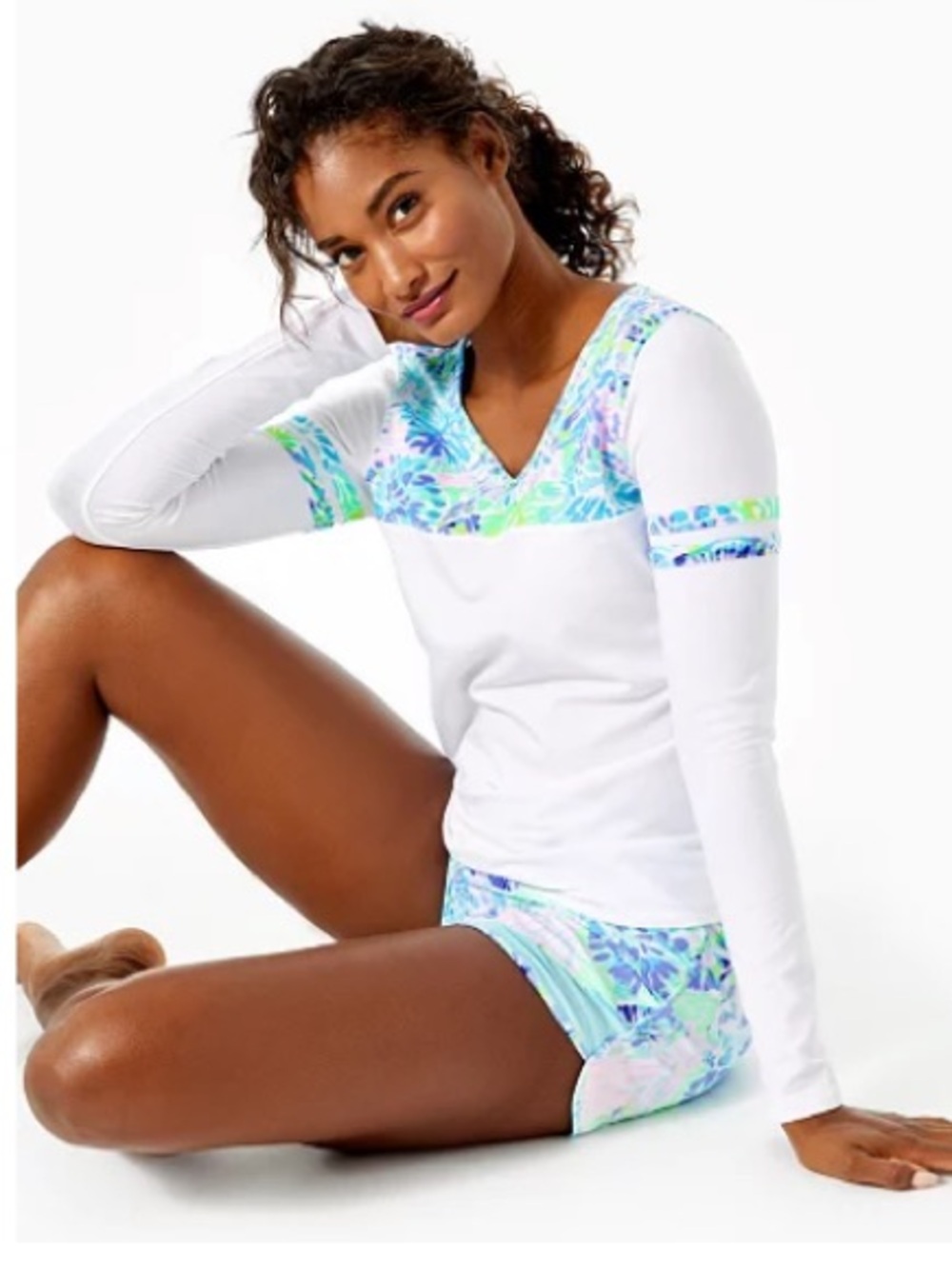 Amara Long-Sleeve V-Neck Swim Top - Multi Shell